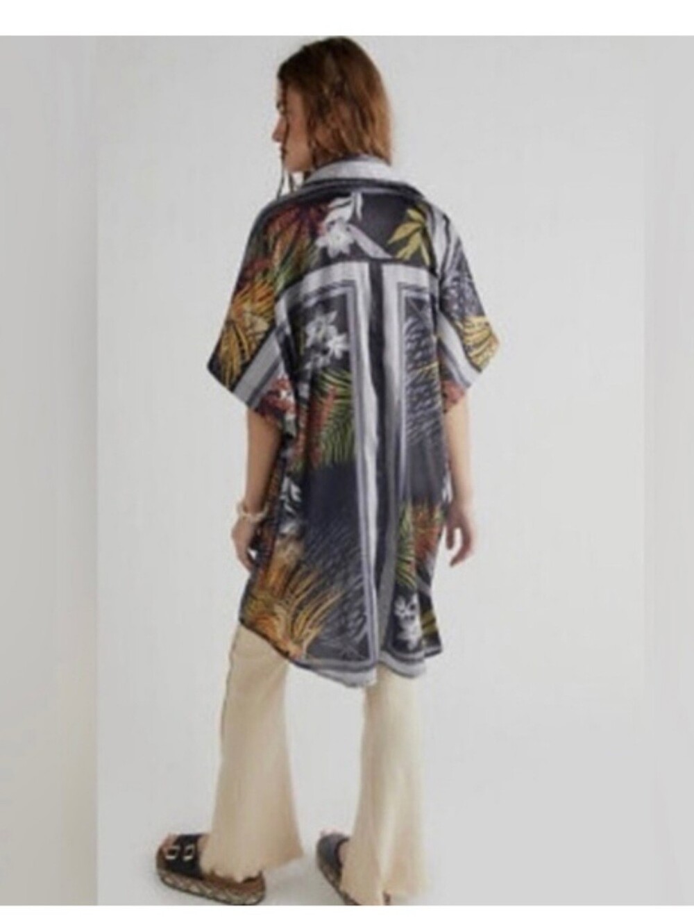 Free People Black Island Time Kimono Hawaiian Tropical Print Top One Size
